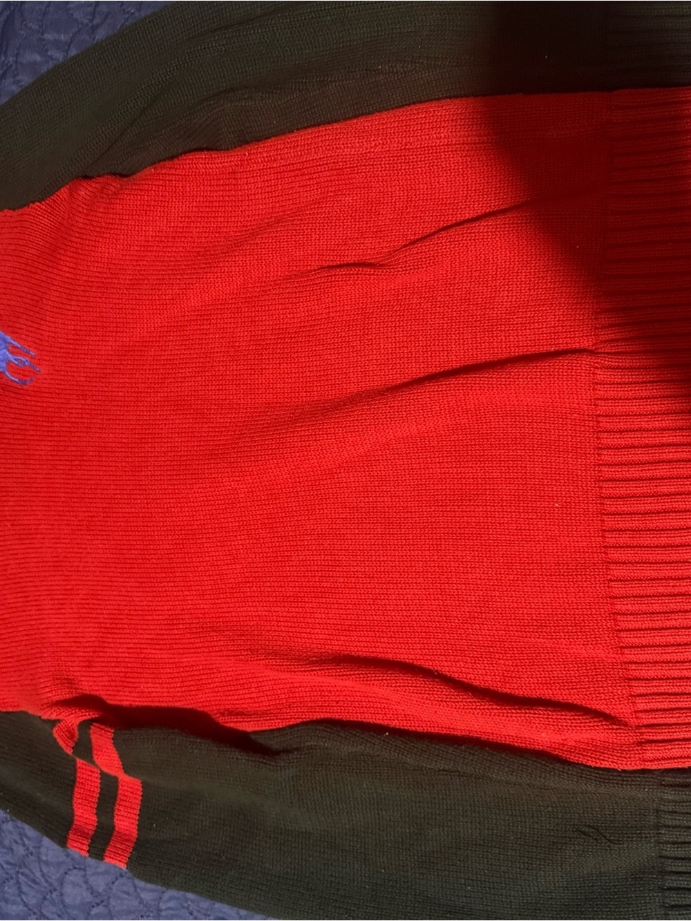 Polo red and Black Knit Sweater with Striped Sleeves